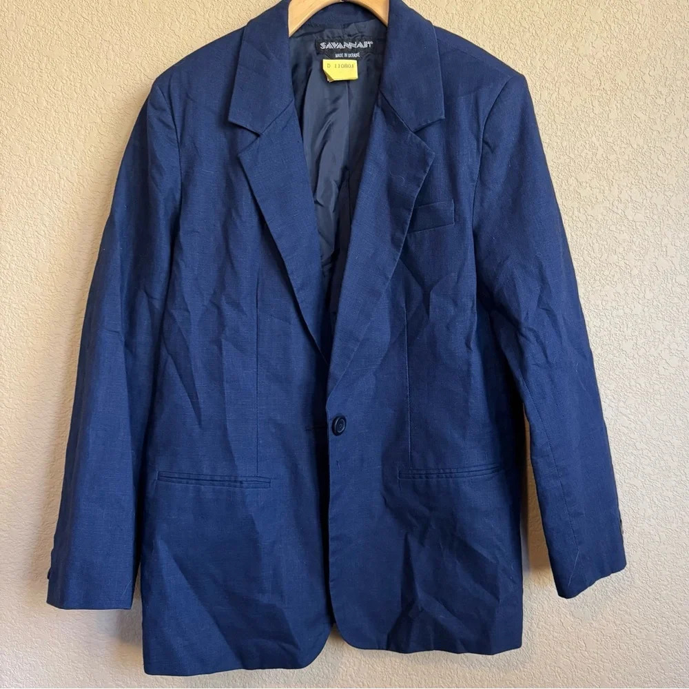 Vintage 1980s Cotton Linen One button Blue Blazer Medium